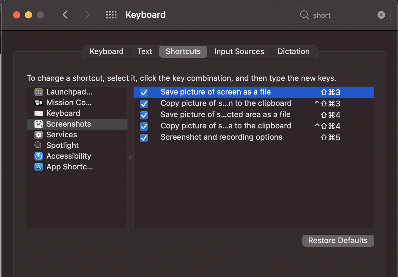 Change Mac Keyboard shortcuts of Screenshots